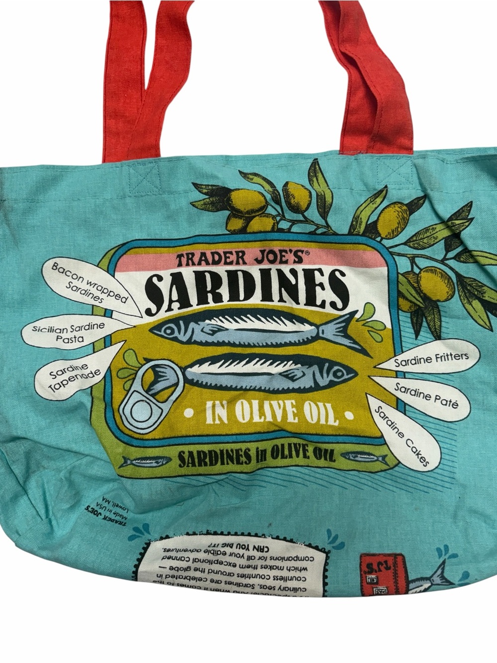 Trader JoeS Sardine Toast Tote Bag in Aqua with Red Handles - Picture 3 of 5